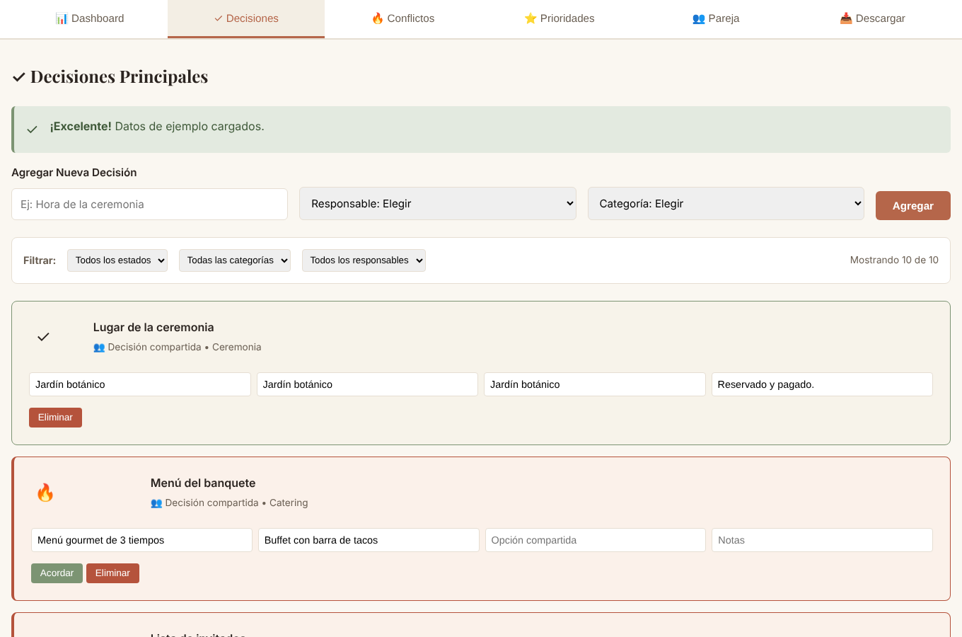 Pestaña de Decisiones con filtros por estado, categoría y responsable